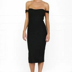 BANDAGE DRESSES Honey Couture BECKY Black Off Shoulder Bustier Bandage Dress