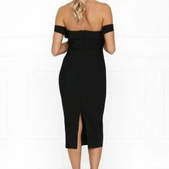 BANDAGE DRESSES Honey Couture BECKY Black Off Shoulder Bustier Bandage Dress