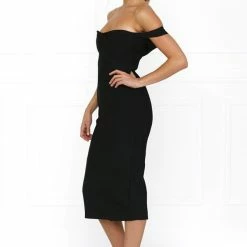 BANDAGE DRESSES Honey Couture BECKY Black Off Shoulder Bustier Bandage Dress