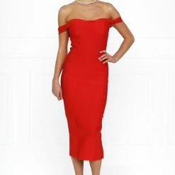 Honey Couture BECKY Red Off Shoulder Bustier Bandage Dress