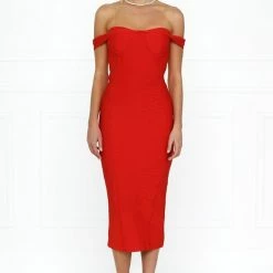 Honey Couture BECKY Red Off Shoulder Bustier Bandage Dress