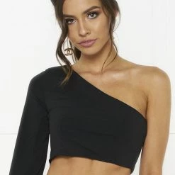 Honey Couture HARPER Black One Shoulder Drape Sleeve Crop Top And Skirt Set NEW ARRIVALS