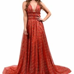 Honey Couture GLORIA Red Gold Glitter Infused Formal Ball Gown NEW ARRIVALS