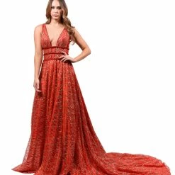 Honey Couture GLORIA Red Gold Glitter Infused Formal Ball Gown NEW ARRIVALS
