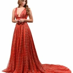 Honey Couture GLORIA Red Gold Glitter Infused Formal Ball Gown NEW ARRIVALS