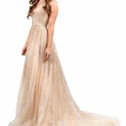 Honey Couture Made To Your Measurements Honey Couture CATALINA Gold Sequin Halter Neck Formal Gown