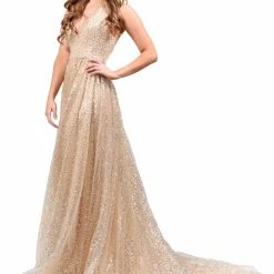 Honey Couture Made To Your Measurements Honey Couture CATALINA Gold Sequin Halter Neck Formal Gown