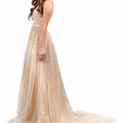 Honey Couture Made To Your Measurements Honey Couture CATALINA Gold Sequin Halter Neck Formal Gown