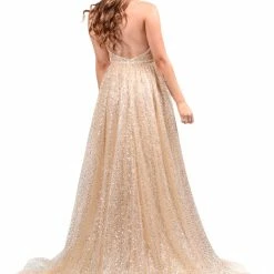 Honey Couture Made To Your Measurements Honey Couture CATALINA Gold Sequin Halter Neck Formal Gown