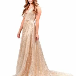 Honey Couture Made To Your Measurements Honey Couture CATALINA Gold Sequin Halter Neck Formal Gown