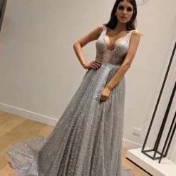 Honey Couture DAZZLING Silver Sequin Princess Formal Gown Dress