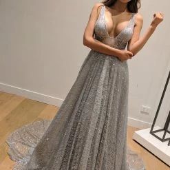 Honey Couture DAZZLING Silver Sequin Princess Formal Gown Dress