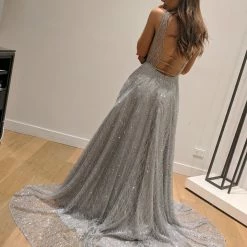 Honey Couture DAZZLING Silver Sequin Princess Formal Gown Dress