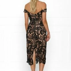 Honey Couture BELLA Nude With Black Off Shoulder Lace Lover Dress SHOP BY DRESS COLOUR