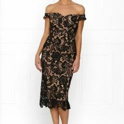 Honey Couture BELLA Nude With Black Off Shoulder Lace Lover Dress SHOP BY DRESS COLOUR
