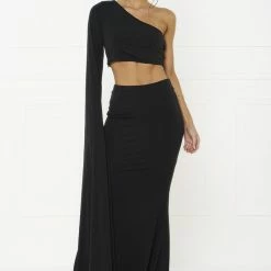 Honey Couture HARPER Black One Shoulder Drape Sleeve Crop Top And Skirt Set NEW ARRIVALS