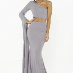 Honey Couture HARPER Lilac One Shoulder Drape Sleeve Crop Top And Skirt Set NEW ARRIVALS