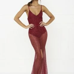 Honey Couture EVELYN Red Glitter Sheer Formal Dress NEW ARRIVALS