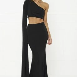 Honey Couture HARPER Black One Shoulder Drape Sleeve Crop Top And Skirt Set NEW ARRIVALS