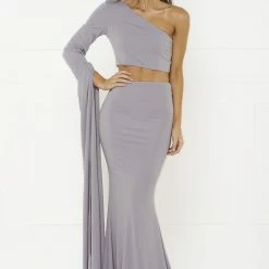 Honey Couture HARPER Lilac One Shoulder Drape Sleeve Crop Top And Skirt Set NEW ARRIVALS