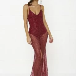 Honey Couture EVELYN Red Glitter Sheer Formal Dress NEW ARRIVALS