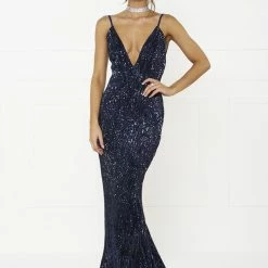 Honey Couture ROSALIE Blue Low Back Sequin Formal Gown Dress NEW ARRIVALS