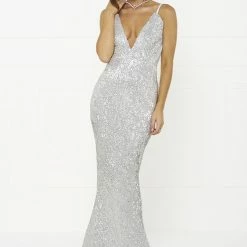 NEW ARRIVALS Honey Couture ROSALIE Silver Low Back Sequin Formal Gown Dress