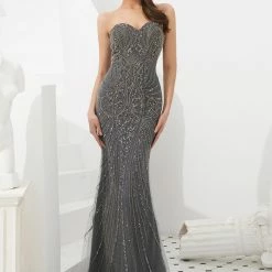 Honey Couture HADIYA Grey Crystal Beaded Gown W Cape Overlay NEW ARRIVALS