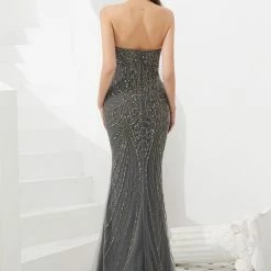 Honey Couture HADIYA Grey Crystal Beaded Gown W Cape Overlay NEW ARRIVALS