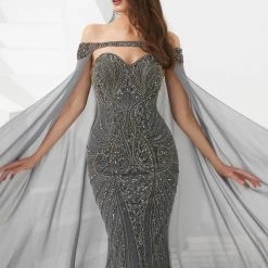 Honey Couture HADIYA Grey Crystal Beaded Gown W Cape Overlay NEW ARRIVALS