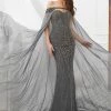 Honey Couture HADIYA Grey Crystal Beaded Gown W Cape Overlay NEW ARRIVALS