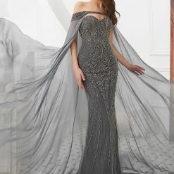 Honey Couture HADIYA Grey Crystal Beaded Gown W Cape Overlay NEW ARRIVALS