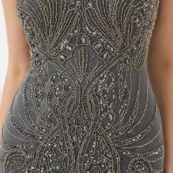 Honey Couture HADIYA Grey Crystal Beaded Gown W Cape Overlay NEW ARRIVALS