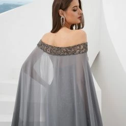 Honey Couture HADIYA Grey Crystal Beaded Gown W Cape Overlay NEW ARRIVALS