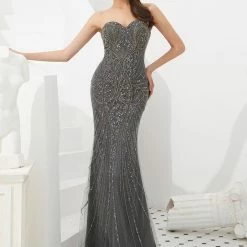 Honey Couture HADIYA Grey Crystal Beaded Gown W Cape Overlay NEW ARRIVALS