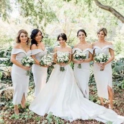 Tina Holly Couture Made To Order Tina Holly Couture Connelly R1767 Heather Grey Off Shoulder Bridesmaids Midi Dress