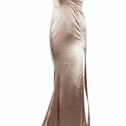 Honey Couture MILEE Nude Gold Split Low Back Mermaid Evening Gown Dress