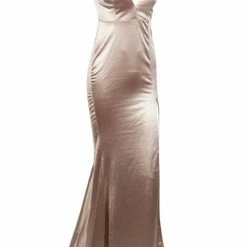 Honey Couture MILEE Nude Gold Split Low Back Mermaid Evening Gown Dress