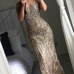 NEW ARRIVALS Honey Couture HAILEY Rose Gold Sheer Sequin Off Shoulder Evening Gown Dress