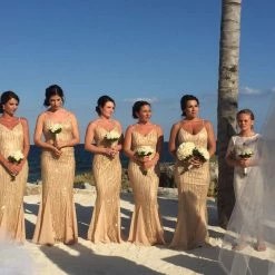 Honey Couture BRIELLE Gold Sheer Sequin W Sheer Insert Evening Gown Dress