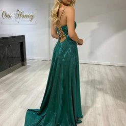 NEW ARRIVALS Honey Couture KYLA Emerald Green Shimmer Lace Up Back Formal Gown Dress
