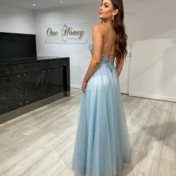 NEW ARRIVALS Honey Couture INEZ Baby Blue Tulle Lace Gown Formal Dress