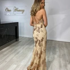 One Honey Boutique Honey Couture ZALI Nude & Gold Sequin Formal Gown NEW ARRIVALS