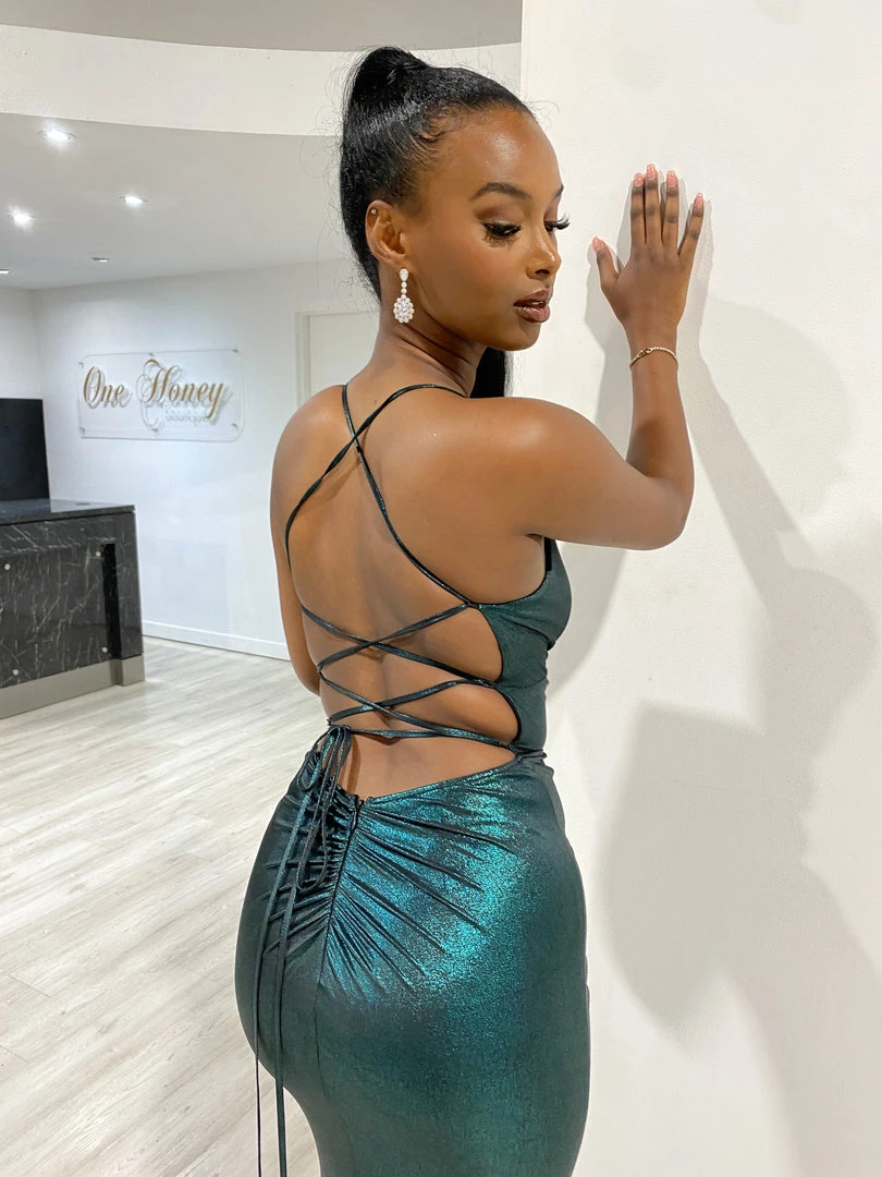 NEW ARRIVALS Honey Couture MARIBELLA Green Shimmer Lace Back Bum Ruching Formal Dress 8 NEW ARRIVALS Honey Couture MARIBELLA Green Shimmer Lace Back Bum Ruching Formal Dress