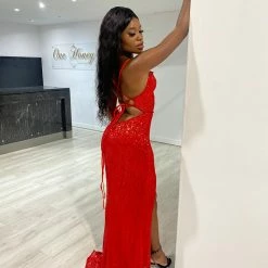 Honey Couture ANGELIQUE Red Sequin Lace Up Open Back Formal Dress