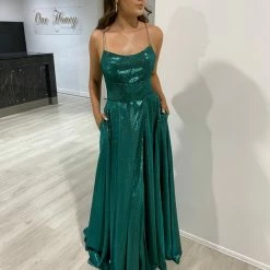 NEW ARRIVALS Honey Couture KYLA Emerald Green Shimmer Lace Up Back Formal Gown Dress