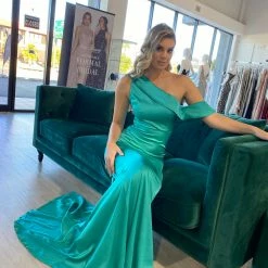 Honey Couture MEL Teal Green One Shoulder Frilly Satin Mermaid Gown