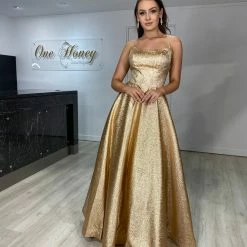 Honey Couture ADORA Gold Metallic Shimmer Lace Up Corset Back Formal Gown Dress NEW ARRIVALS