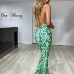 NEW ARRIVALS Honey Couture TRISTIN Green Sequin Low Back Formal Dress