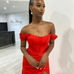 Honey Couture TYRA Red Corset Bustier Leg Split Formal Dress